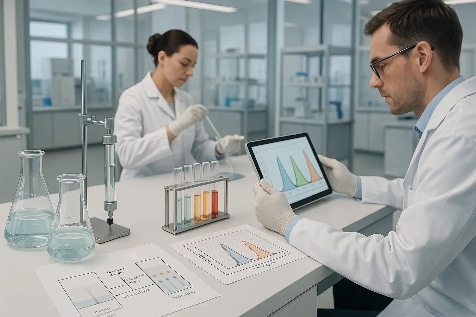 Ученые в лаборатории анализируют данные на планшете и работают с пробирками.