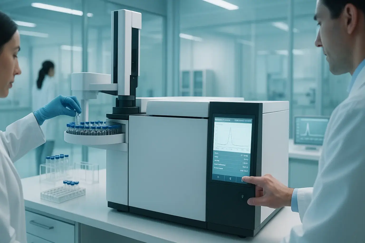 Лабораторное аналитическое оборудование, используемое учеными, показывает размещение образцов и мониторинг данных.