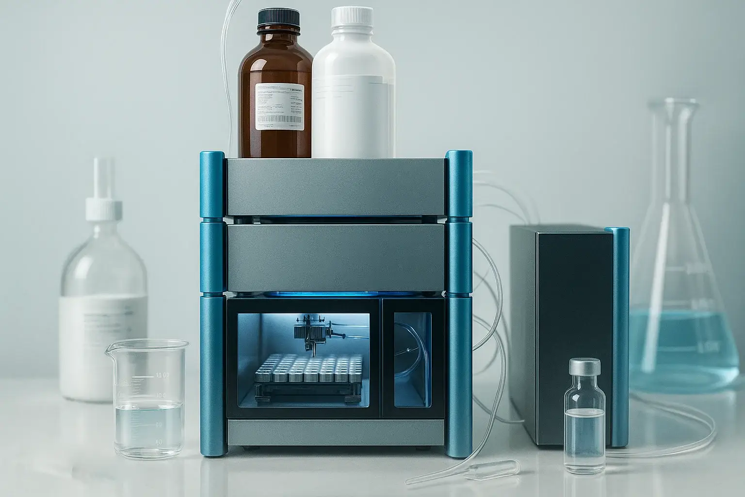 Лабораторная система автоматического отбора проб с бутылями для реагентов и лабораторной посудой.