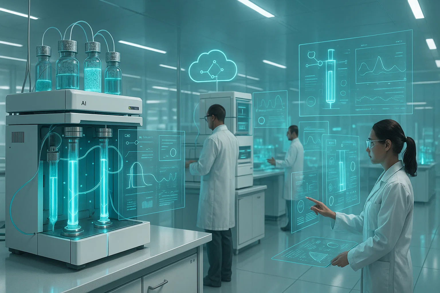 Лабораторная автоматизация с использованием AI, показывающая ученых и интерактивные дисплеи.