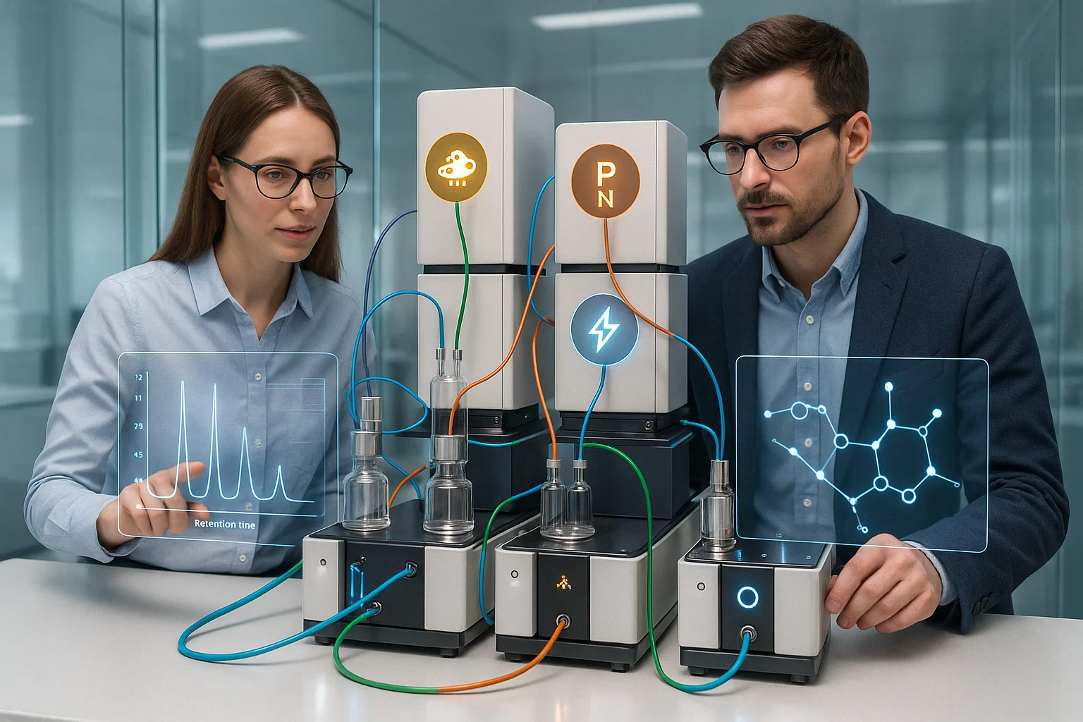 Модульная система химического анализа, где специалисты отслеживают данные и молекулярные структуры.