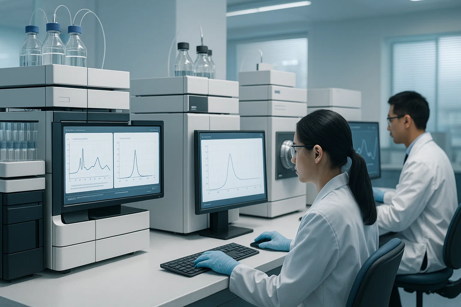 Анализ ВЭЖХ в лаборатории, ученые работают за компьютерами, подключенными к системам ВЭЖХ.