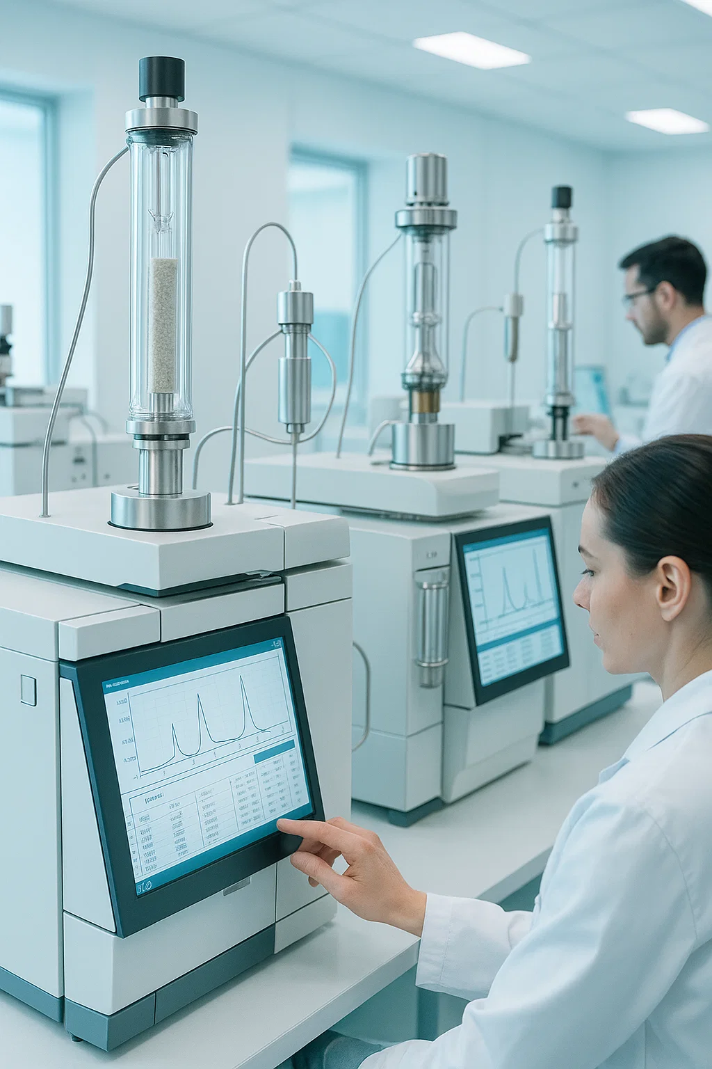 Ученый работает с лабораторной хроматографической системой, анализируя данные.